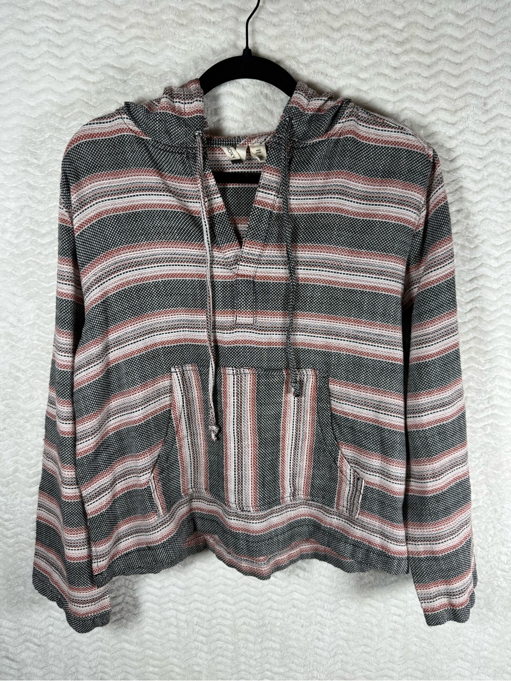 Roxy Striped Woven Cotton Hooded Pullover in Black, White & Rust. Love this one🧡